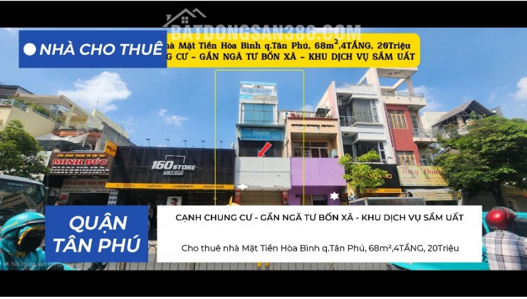 Cho thuê nhà Mặt Tiền Hòa Bình q.Tân Phú, 68m²,4TẦNG, 20Triệu